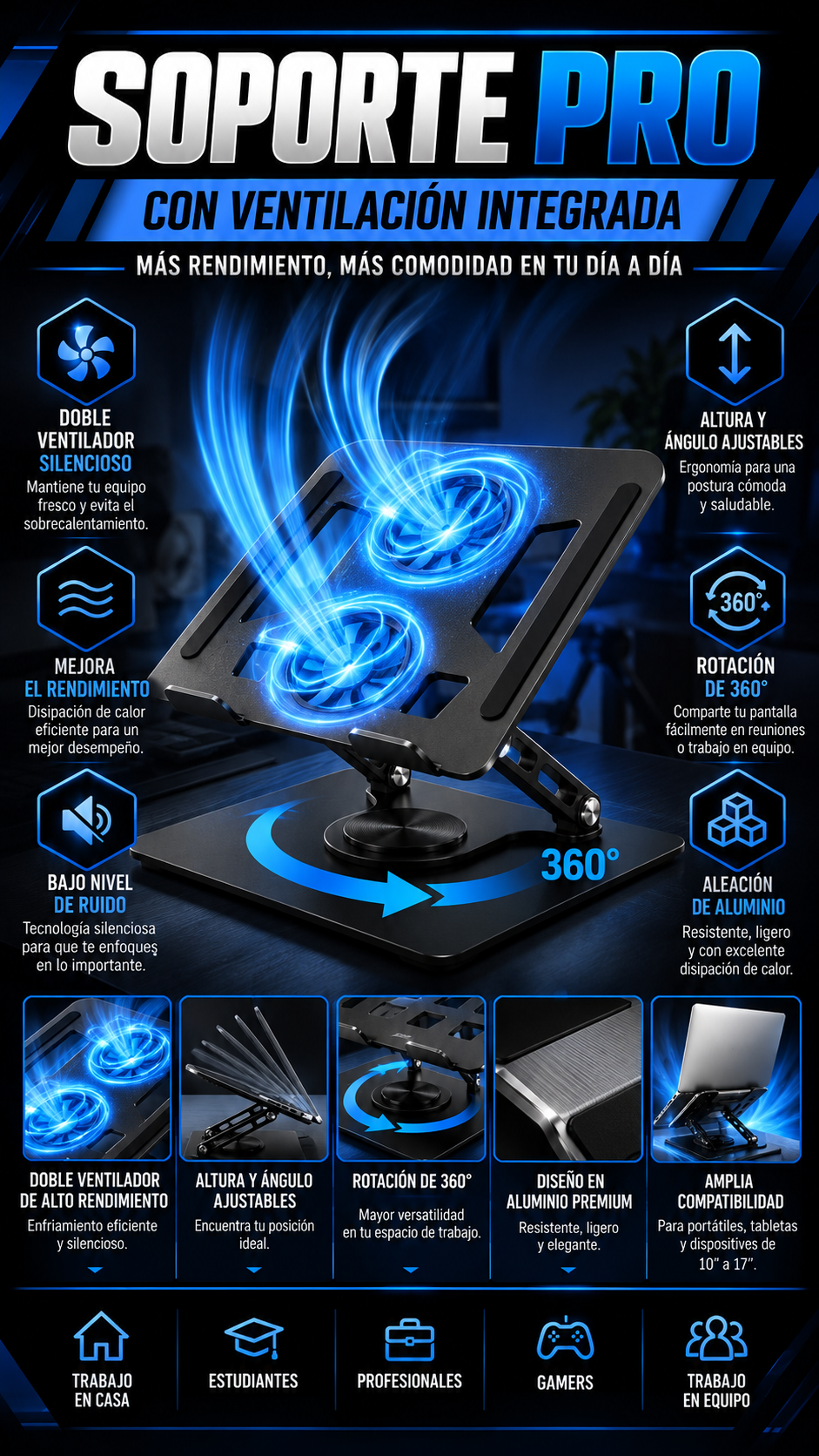SOPORTE REFIGERANTE CON VENTILADOR Y GIRO 360°